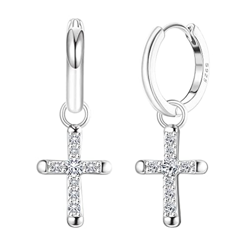 KRFY 925 Sterling Silber Kreuz Ohrringe für Damen Männer Zierliche CZ Huggie Hoop Ohrringe Iced Out Cross Dangle Ohrringe Lightweight Huggie Cuff Ohrringe 18K Gold/Silber von Krfy