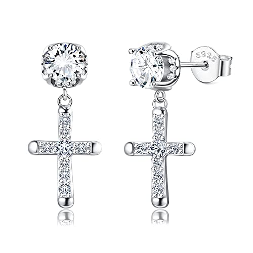 KRFY Kreuz Ohrringe Sterling Silber Cubic Zirkonia Hypoallergene Ohrringe 18K Weißgold Vergoldet Ohrhänger Hip Hop Schmuck Iced Out Kreuz Ohrringe Hängend für Damen Herren von Krfy