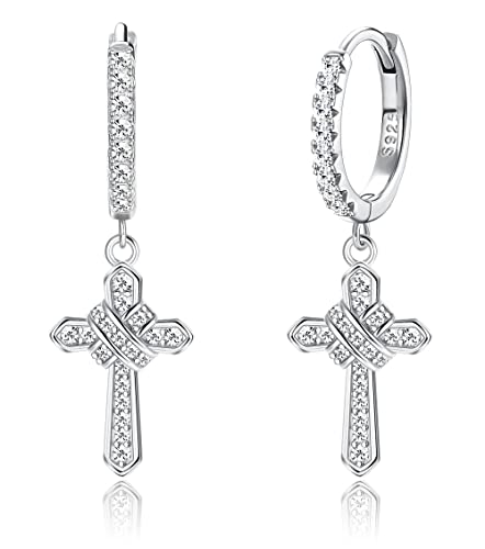 KRFY Kreuz Ohrringe für Damen Männer 925 Sterling Silber Zierlich CZ Huggie Creolen Ohrringe Hypoallergene Creolen Kreuz Dangle Ohrringe Leichte Huggie Ohrringe 18K Gold/Silber von Krfy