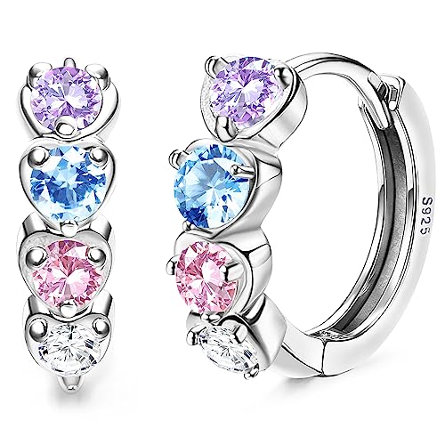 KRFY Ohrringe Mädchen 925 Silber Herz Creolen Rosa Blau Lila Cubic Zirkonia Kleine Creolen Ohrringe Winzige Niedliche Huggie Ohrringe Creolen für Damen Kinder von Krfy