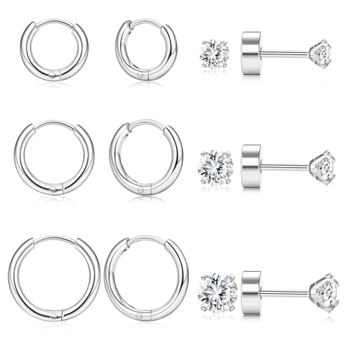 KRFY Ohrringe Set für Damen,316L Chirurgenstahl Ohrringe Silber Gold Creolen und Flache Rückseite Ohrstecker Set Klein Hypoallergene Zirkonia Sleeper Huggie Helix Ohr Piercing Set Sleeper Ohrringe von Krfy