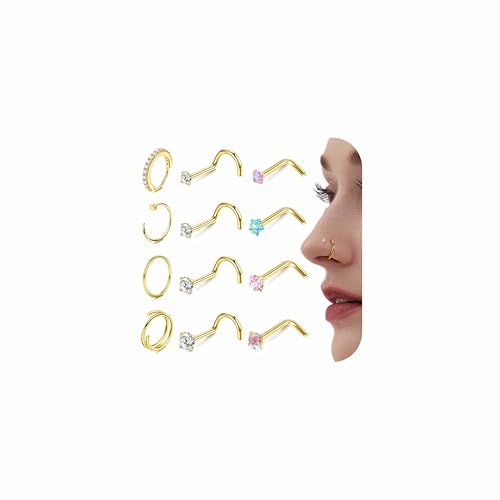 Krfy 12Stück Nasenpiercing Stecker Gold Chirurgenstahl L Form Nasenstecker Piercing Set Nasenring mit Zirkonia für Damen Herren 18G von Krfy