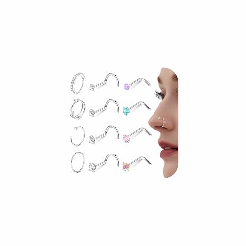 Krfy 12Stück Nasenpiercing Stecker Silber Chirurgenstahl L Form Nasenstecker Piercing Set Nasenring mit Zirkonia für Damen Herren 22G von Krfy