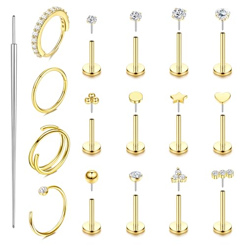 Krfy 16Stück Tragus Piercing Schmuck für Damen 316L Chirurgischer Stahl Nasenpiercing Stecker ohne Gewinde Push-in Ohrringe Hypoallergener Nasenring Labret Lippen Piercing Ohr Set Gold 20G Krfy 16Stück Tragus Piercing Schmuck für Damen 316L Chirurgischer Stahl Nasenpiercing Stecker ohne Gewinde Push-in Ohrringe Hypoallergener Nasenring Labret Lippen Piercing Ohr Set Gold 20G von Krfy
