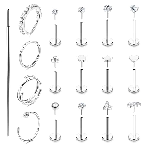 Krfy 16Stück Tragus Piercing Schmuck für Damen 316L Chirurgischer Stahl Nasenpiercing Stecker ohne Gewinde Push-in Ohrringe Hypoallergener Nasenring Labret Lippen Piercing Ohr Set Silber 20G von Krfy