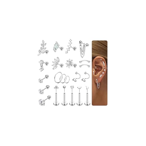 Krfy 22Stück Tragus Piercing Ohr Set 316L Chirurgenstahl Ohrringe Creolen Damen Set Fadenlos Flat Piercings Ohrstecker Hypoallergen Conch Daith Helix Piercing Ohr Schmuck Silber von Krfy