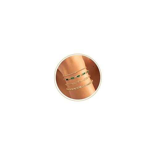 Krfy 4Pcs Gold Geburtsstein Armband für Damen wasserdicht Nicht anlaufen zierlich 14K Gold plattiert stapelbar Armband Set Smaragd grün Freundschaft Armbänder Mai Geburtsstein Schmuck für Mama von Krfy