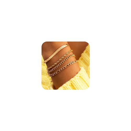 Krfy 4 Stück Armband Damen 14 K Edelstahl Charm Armband Gold Wasserfest Modeschmuck Armkette Seil Figaro Set von Krfy