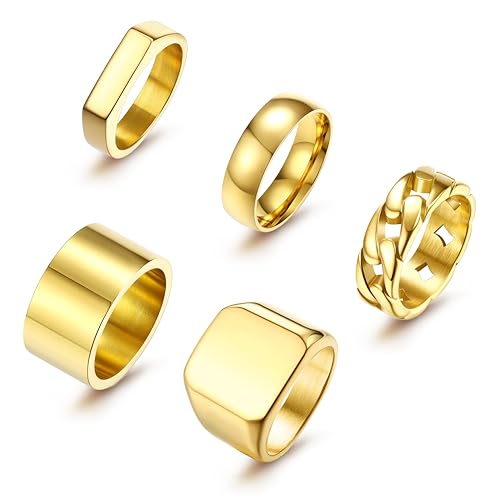 Krfy 5 PCS Herren Ringe Edelstahl Siegel Ring Gold Ringe Quadrat Pinky Daumen Ring Chunky dicken Cuban Link Kette Finger Ring Hochzeit Cool Band Ring Set von Krfy