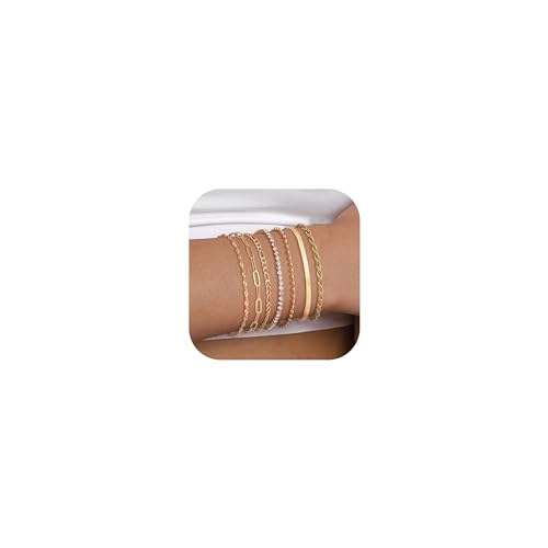 Krfy 7Pcs Gold Armband für Damen 14 Karat Vergoldete Edelstahl Armbänder Büroklammer Fischgrät Perlen Schlangen Kette Armbänder Verstellbares Ketten Armband Gold Armband Set von Krfy