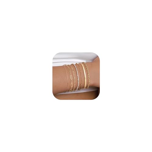 Krfy 7Pcs Gold Armbänder für Damen 14K Vergoldete Edelstahl Armbänder Büroklammer Fischgrätperlen Schlangen Ketten Armbänder Verstellbare Stapelbare Armbänder Gold Armband Set von Krfy