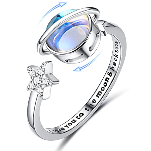 Krfy 925 Silber Angst Fidget Ringe für Damen 18K Weiß überzogener Mondstein Moodstone CZ Offener Ring für Anti Stress Einstellbarer Stern Mond Spinner Ring Fidget Ring für Frauen Mädchen von Krfy
