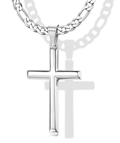 Krfy Silber Kreuz Anhänger Halskette für Männer Damen mit 5mm Durable Edelstahl Diamant-Cut Figaro oder Curb Kette, 18K Weißgold überzogene Kreuz Anhänger, 18-30 Zoll Krfy Silber Kreuz Anhänger Halskette für Männer Damen mit 5mm Durable Edelstahl Diamant-Cut Figaro oder Curb Kette, 18K Weißgold überzogene Kreuz Anhänger, 18-30 Zoll von Krfy