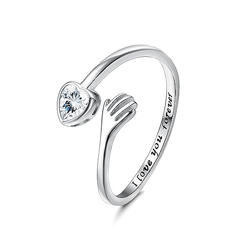 Krfy 925 Silber Umarmungsring Ringe für Mädchen Damen Umarmen Hände Zirkonia Mondstein Offener für Töchter Mutter Schwester Ich Liebe Dich Für Immer Verstellbare Herz Umarmungsringe Schmuck Geschenke von Krfy