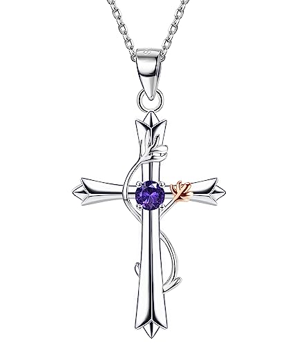 Krfy 925 Sterling Silber Kreuz Kette für Damen Mädchen 18K Weiß Vergoldet Geburtsstein Blume Halskette 5A+ Cubic Zirkonia Geburtsstein Kreuz Anhänger Geburtstag Schmuck Geschenke für Mädchen 12 Monat von Krfy