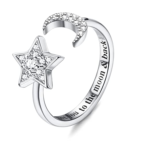 Krfy 925 Sterling Silber Verstellbare Ringe für Damen Mädchen Einstellbare Mondstein Opal CZ Offener Ring Ich Liebe Sie zum Mond&Zurück Ring Stapelbare Knuckle Versprechen Hochzeit Verlobungsringe von Krfy