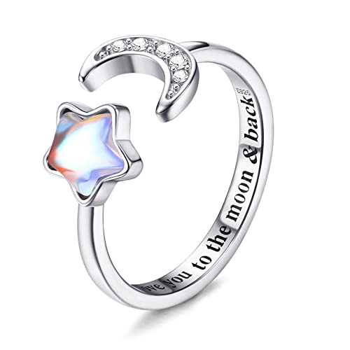 Krfy 925 Sterling Silber Verstellbare Ringe für Damen Mädchen Einstellbare Mondstein Opal CZ Offener Ring Ich liebe Sie zum Mond&Zurück Ring Stapelbare Knuckle Versprechen Hochzeit Verlobungsringe von Krfy