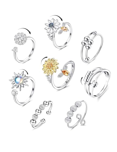 Krfy 8 Anxiety Ring Spinner Angst Ringe für Damen Silber Fidget Ringe Sonnenblumen Set Zirkonia Zappelringe,Verstellbar Stapelbare Anti Stress Ring für Damen Tochter Geburtstags-Party-Geschenkel von Krfy