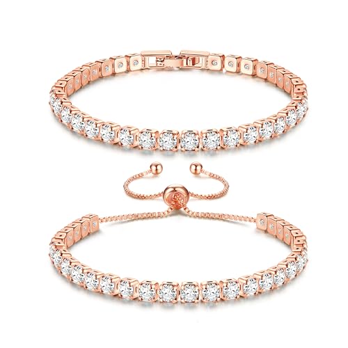 Krfy Armbänder für Damen Roségold Armband für Damen Tennis Set Armband für Damen Kristall Zirkonia Armband Damen Schmuck Verstellbares Armband Set für Frauen Mädchen Roldgold von Krfy