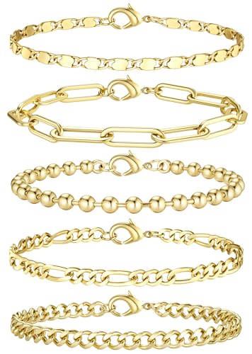 Krfy Armband für Damen 14 Karat Vergoldetes Armband Set Silber Figaro Kubanische Tenniskette Armband Twist Fischgrätenkette Armband Stapelbares Silber Gold Armbänder Set für Damen Schmuck von Krfy