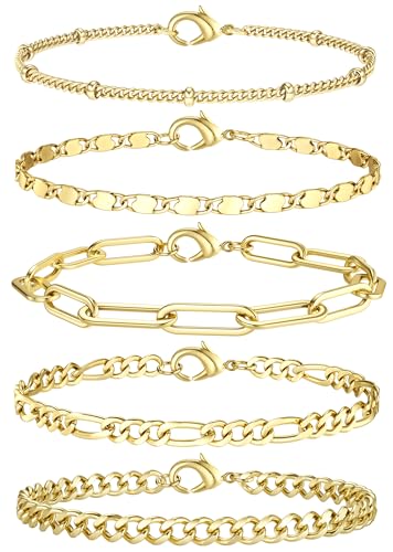 Krfy 14 Karat Vergoldetes Armband Set für Damen - Silber Figaro Kubanische Tenniskette, Twist Fischgrätenkette, Stapelbares Silber Gold Schmuck von Krfy