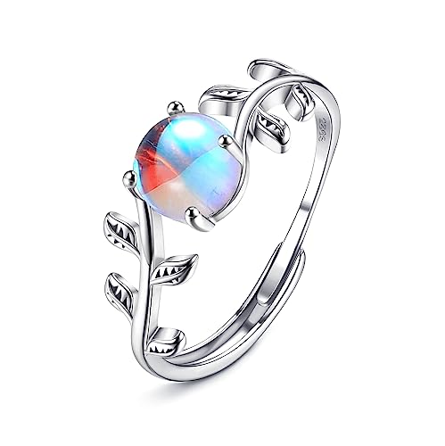 Krfy 925 Sterling Silber Ringe für Damen Verstellbar Offene Ringe Cubic Zirkonia Mondstein Opal Ring für Mutter Freundin Mädchen Blatt Hochglanzpoliert Silber Versprechen Hochzeitsring von Krfy