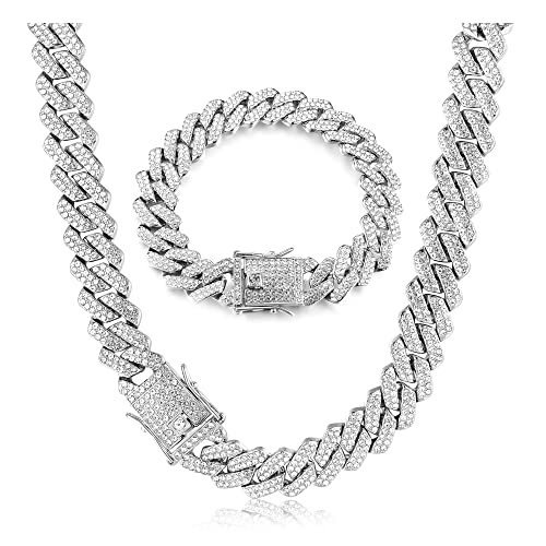 Krfy Cuban Link Chain Iced Out für Herren 14MM Miami Cuban Link Choker Halskette Armband Set 18K Gold Plattiert Bling Bling Diamant Kette Armband Hip Hop Schmuck für Jungen Damen 41/51/56cm von Krfy