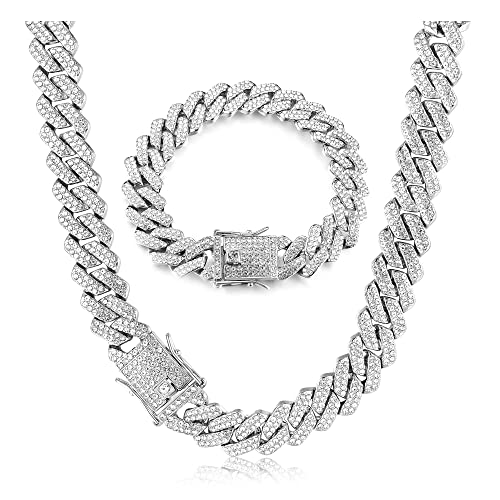 Krfy Link Chain Iced Out für Herren 14MM Miami Link Choker Halskette Armband Set 18K Gold Plattiert Bling Bling Diamant Kette Armband Hip Hop Schmuck für Jungen Damen 41/51/56cm von Krfy