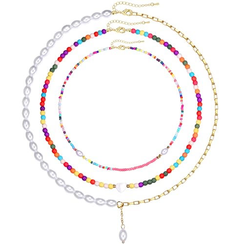 Krfy Damenmode Halskette Set Perlenkette Damen Boho Choker Kette Damen Einmalig Bunte Perlenkette 18 K Kette Gold Damen von Krfy