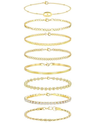 Krfy Edelstahl Armband Set für Damen - 18 Karat Vergoldetes CZ, Silber Figaro, Kubanische Tenniskette, Twist Fischgrätenkette, Stapelbares Schmuck von Krfy
