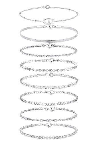 Krfy Edelstahl Armband für Damen Silber, 18 Karat Vergoldetes CZ Armband Set Silber Figaro Kubanische Tenniskette Armband Twist Fischgrätenkette Armband Stapelbares Armbänder Set Schmuck von Krfy