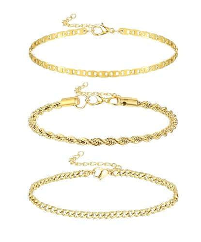 Krfy Fußkettchen für Damen 14 Karat Vergoldeter Edelstahl Gold Fußkettchen Zierliches Tennis Kubanische Büroklammer Gliederkette Fußkette Set Verstellbarer Boho Strand Fußschmuck 3 Stück von Krfy