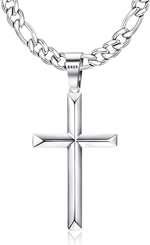 Krfy 925 Sterling Silber kreuz kette für Herren Damen mit Edelstahl Diamant-Cut Figaro Kette Halskette Hoch Poliert Abgeschrägte Kante Kreuz Anhänger Halskette für Männer 46/51/56/61/66/76 cm von Krfy