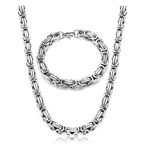 Krfy Königskette Silber Herren Edelstahl Byzantinische Kette Armbänder 8mm Breite Halskette und Armband Set Dicke Schwere Kette Hip Hop Schmuck für Männer Jungen Länge 51/61/71cm von Krfy