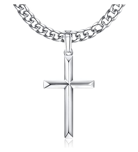 Krfy Kreuz Anhänger 925 Sterling Silber mit Diamant Geschliffener Panzerkette Edelstahl Miami Halskette 18K Weißgold Hochglanzpoliert Abgeschrägte Kante Kreuzanhänger Halskette Herren Damen 46–76 cm von Krfy