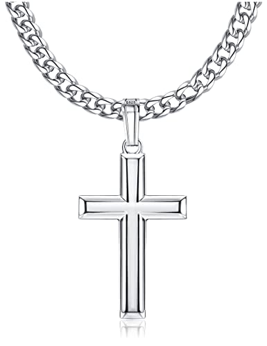 Krfy Kreuz Halskette aus 925 Silber für Männer und Frauen mit 5 mm Edelstahl kubanische Gliederkette Kruzifix Halskette 18 Karat Vergoldet Große Abgeschrägte Kante Kreuz Halskette Schmuck, 18-30 Zol von Krfy