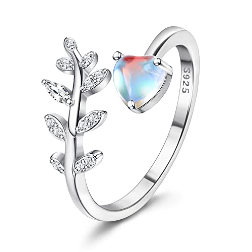 Krfy Ring Damen Silber 925 Verstellbar Herz Zirkonia Regenbogen Mondstein offene Ringe Verstellbare Feder Herz CZ Mondstein Ring für Mutter Freundin Mädchen Schmuck von Krfy