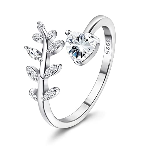 Krfy Ring Damen Silber 925 Verstellbar Herz Zirkonia Regenbogen Mondstein offene Ringe Verstellbare Feder Herz CZ Mondstein Ring für Mutter Freundin Mädchen Schmuck von Krfy