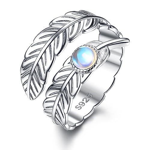 Krfy Ring Silber 925 für Damen Verstellbare Ringe Hochzeit Verlobung Ewigkeit Mondstein Ring Feder Engelsflügel Verstellbare Offene Daumenringe für Frauen Männer Silber von Krfy