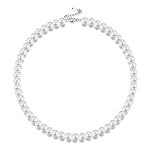 Krfy Sterling Silber Perlenkette Runde Weiße Simulierte Shell Perlenkette für Damen Männer Choker Halskette für Mädchen Jungen 8/10/12mm von Krfy