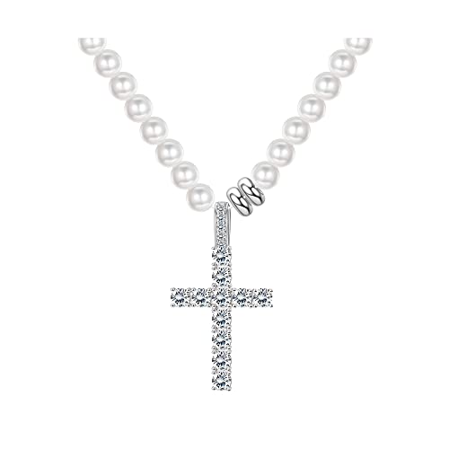 Krfy Perlenkette für Männer Damen Choker Halskette mit Cubic Zirkonia Kreuz Anhänger Verlängern Verschluss Einfach zu Tragen Täglichen Schmuck von Krfy