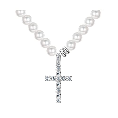 Krfy Perlenkette für Männer Damen Choker Halskette mit Cubic Zirkonia Kreuz Anhänger Verlängern Verschluss Einfach zu Tragen Täglichen Schmuck von Krfy