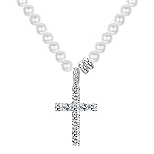 Krfy Perlenkette für Männer Damen Choker Halskette mit Cubic Zirkonia Kreuz Anhänger Verlängern Verschluss Einfach zu Tragen Täglichen Schmuck von Krfy