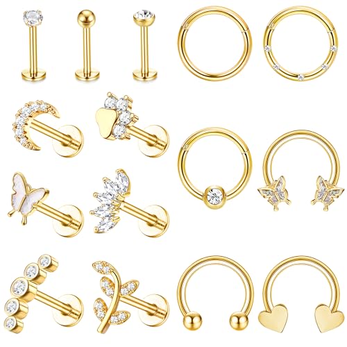 Krfy 15Pcs Tragus Piercing Ohr Set Chirurgenstahl Ohrringe Creolen Gold für Damen Herren Hypoallergene Helix Conch Labret Rook Nasen Piercing Ring Schmuck von Krfy