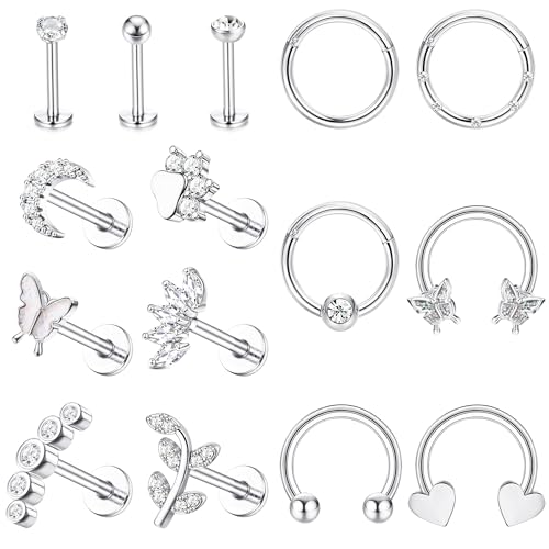 Krfy Tragus Piercing Schmuck Chirurgenstahl Knorpel Helix Tragus Piercing Hypoallergene Zirkonia Flat Back Ohrringe Piercing Ring Ohrpiercing für Damen Silber 16G von Krfy