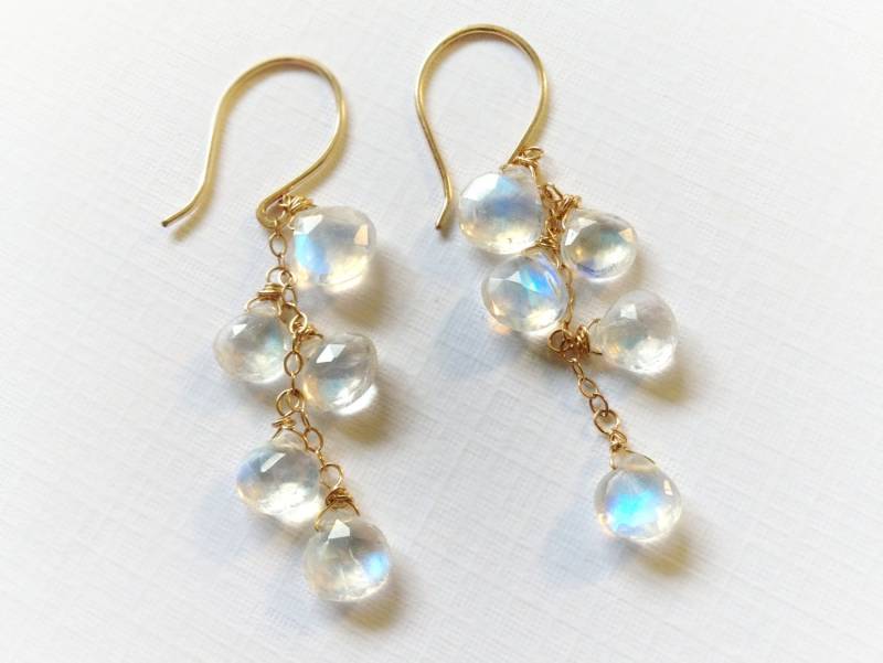 Mondstein Ohrringe, Cluster 585Er Gold Weiß Oder Gelb - Juni Birthstone Geschenk Regenbogen Moosstein Blau Tropfen Braut Hochzeit von KrisPstudio