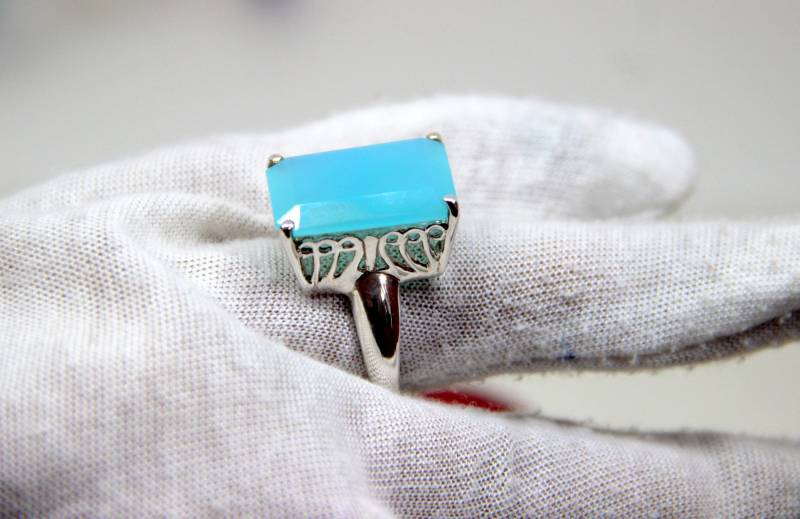 Aqua Chalcedon Ring Handgefertigter 925Er Sterling Silber, Größe 9 von KrishivExports