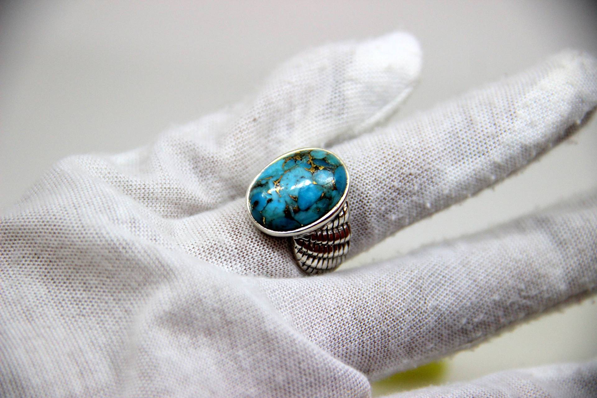 Türkis Ring/ Sterling Silber Boho Großer Ovaler Cabochon/ Natur Blau Grün Oval Ring Silber/Kupfer von KrishivExports