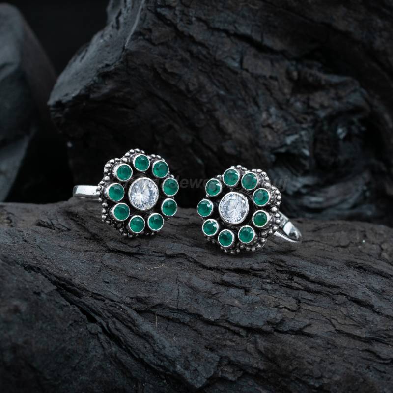 925 Sterling Silber Zehenringe - Große Paar Grüne Stein Verstellbare Handgefertigte Oxidierte von KrishnaJewelsByAnuj