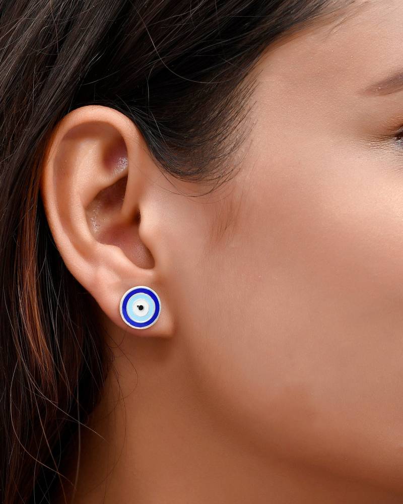Erstaunlicher Evil Eye Ohrstecker - 925 Massiv Sterling Silber Ohrring Emaillierter Schutz Handgemachter von KrishnaJewelsByAnuj